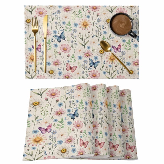 Pink Spring Floral Placemats Set of 6, Elegant Pastoral Flowers Butterflies Rustic Placemats for Dining Table, Place Mats for Kitchen Tabletop, Waterproof Wipeable Dining Table Mats Set