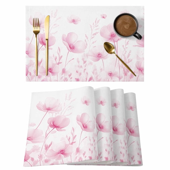 Pink Spring Floral Placemats Set of 8, Cotton Linen Fabric Place Mats, Summer Botanical Watercolor Vintage Washable Decorative Table Mats Protector for Home Kitchen Dining Wedding Party Coffee Tables