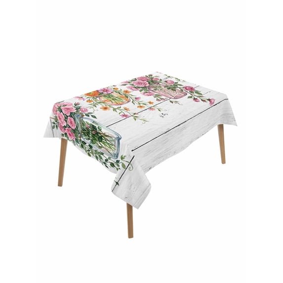 Pink Spring Floral Rectangle Tablecloth, Wooden Elegant Farmhouse Botanical Waterproof & StainResistant Tablecloth, Washable Oil-proof Table Cover for Dining/Party/Wedding/Camping/Buffet 60x102 In
