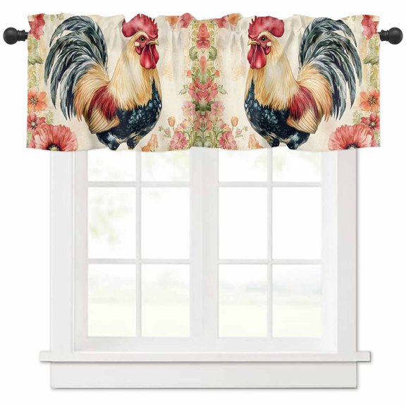 Pink Spring Floral Rooster Valances for Windows Farmhouse Kitchen Curtains Valances Rod Pocket Valance Curtains for Kitchen Windows Retro Rooster Pastoral Window Valances for Bathroom Bedroom 60"x18"