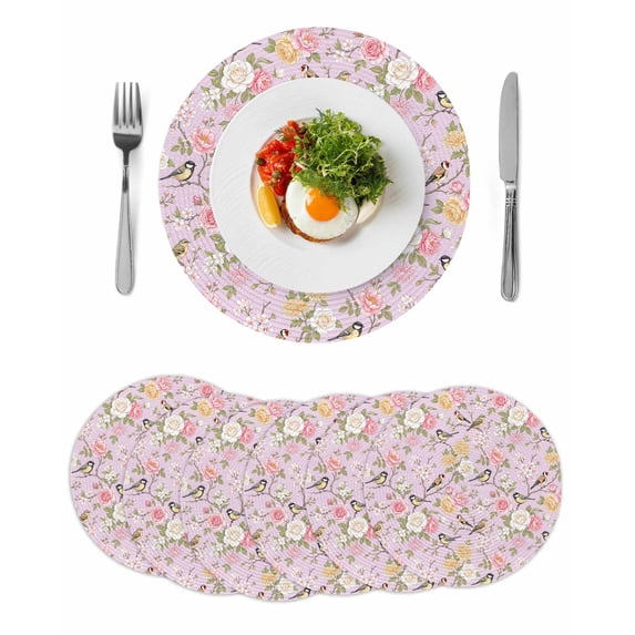 Pink Spring Floral Round 15 Inch Placemats Set of 6, Elegant Farmhouse Flowers Birds Watercolor HeatResistant Non Slip Place Mats for Dining Table, Wipeable Kitchen Table Mats for Housewarming