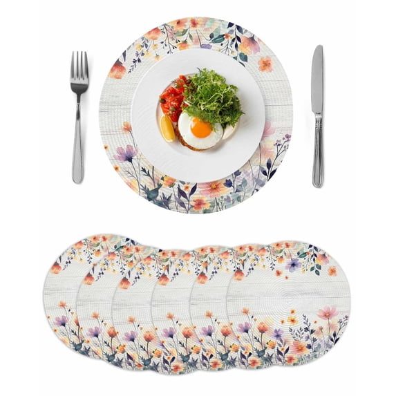 Pink Spring Floral Round 15 Inch Placemats Set of 6, Elegant Flowers Farmhouse Botanical Wooden HeatResistant Non Slip Place Mats for Dining Table, Wipeable Kitchen Table Mats for Housewarming