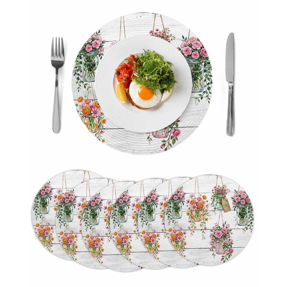 Pink Spring Floral Round 15 Inch Placemats Set of 6, Wooden Elegant Farmhouse Botanical HeatResistant Non Slip Place Mats for Dining Table, Wipeable Braided Kitchen Table Mats for Housewarming