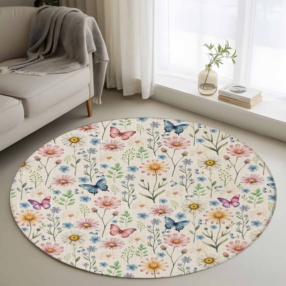 Pink Spring Floral Round Area Rug 4Ft Washable Circle Rugs for Bedroom Dining Room, Elegant Pastoral Flowers Butterflies Rustic Non-Slip Carpet Floor Mats Indoor Outdoor Carpet Runner Home Decor