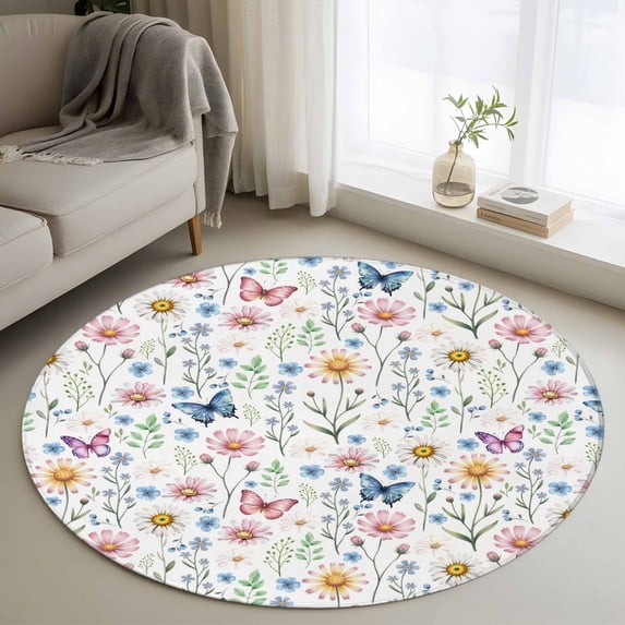 Pink Spring Floral Round Area Rug 4Ft Washable Circle Rugs for Bedroom Dining Room, Elegant Pastoral Flowers Butterfly Non-Slip Carpet Floor Mats Indoor Outdoor Carpet Runner Aesthetic Home Decor