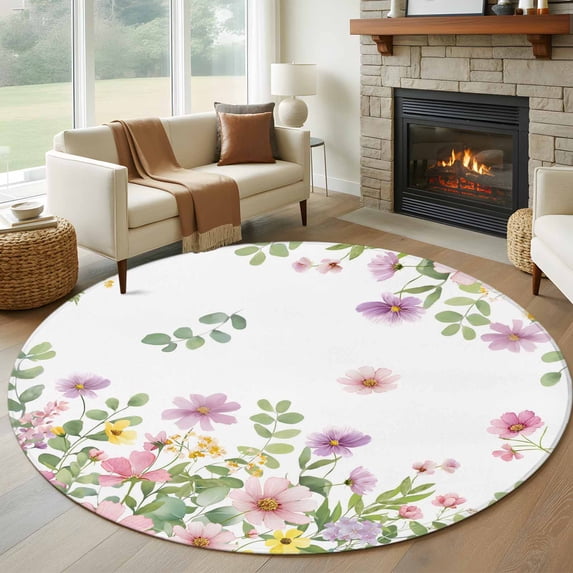 Pink Spring Floral Round Area Rug 6Ft Washable Circle Rugs for Bathroom Office, Watercolor Botanical Wildflowers Non-Slip Carpet Floor Mats Indoor Outdoor Carpet Runner Aesthetic Home Decor