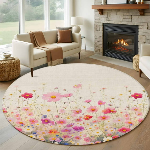 Pink Spring Floral Round Area Rug 7 FT, Non Slip Living Room Area Carpet, Watercolor Summer Botanical Washable Soft Circular Rug Non-Shedding Floor Carpet for Bedside Office Play Room Classroom