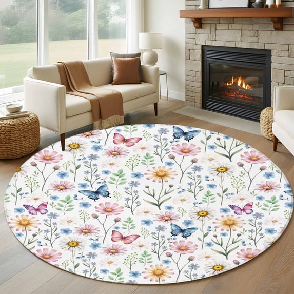 Pink Spring Floral Round Area Rug 8Ft Washable Large Circle Rugs for Living Room Dorm, Elegant Pastoral Flowers Butterfly Non-Slip Carpet Floor Mats Indoor Outdoor Carpet Runner Aesthetic Home Decor