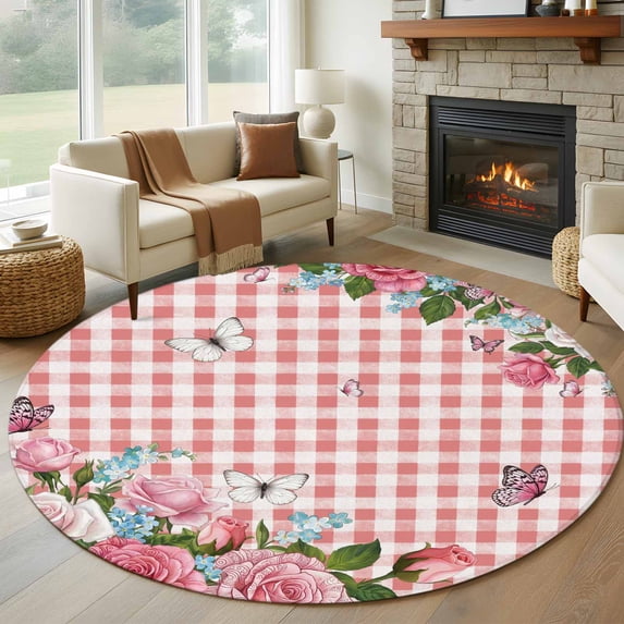 Pink Spring Floral Round Area Rug 8Ft Washable Large Circle Rugs for Living Room Dorm, Watercolor Flowers Butterfly Checkered Non-Slip Carpet Floor Mats Indoor Outdoor Carpet Runner Home Decor