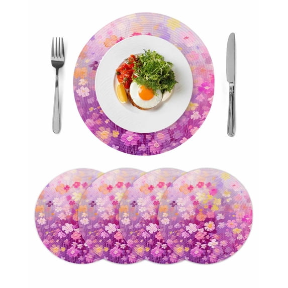 Pink Spring Floral Round Placemats Set of 4 for Dinning Tables,Heat-proof Braided Table Mats 15 Inch,Modern Oil Painted Daisy Botanical Washable Place Mat for Kitchen Restaurant Party Table Decor