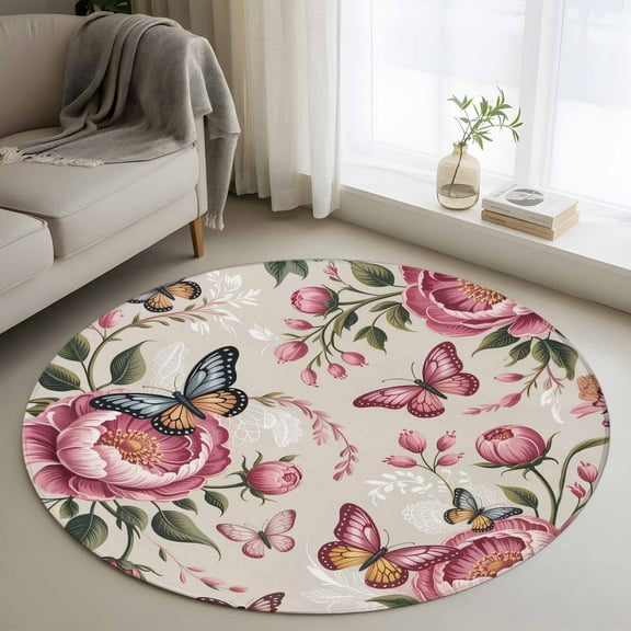 Pink Spring Floral Round Rug 3ft Washable Circle Entryway Rugs Non Slip Farmhouse Flowers Botanical Butterfly Area Rug Indoor Floor Carpet for Bedroom Kitchen Living Room Office Dining Room Nursery