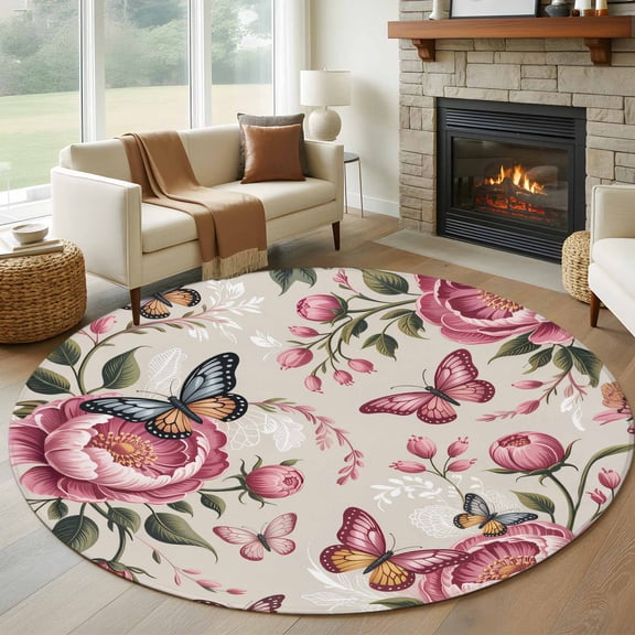Pink Spring Floral Round Rug 5ft Washable Circle Kitchen Rugs Non Slip Farmhouse Flowers Botanical Butterfly Large Area Rug Indoor Floor Carpet for Bedroom Living Room Home Office Dining Room Nursery