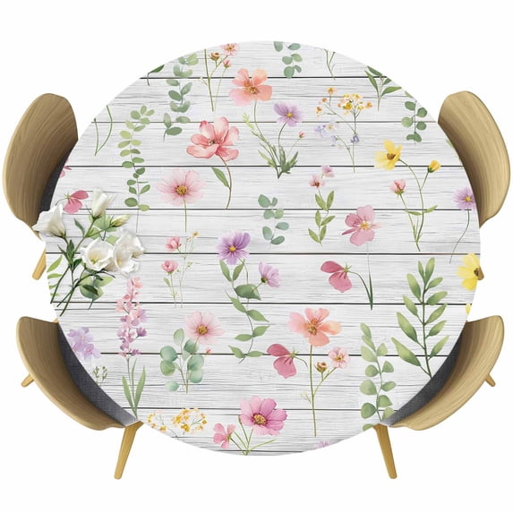 Pink Spring Floral Round Tablecloth, Fitted Table Cover with Elastic for 36"-44" Round Tables, Flowers Botanical Elegant Wooden Table Cloth Outdoor Indoor Dinning Party Waterproof Tablecloths