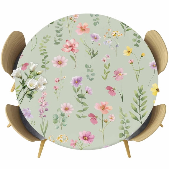 Pink Spring Floral Round Tablecloth, Fitted Table Cover with Elastic for 45"-54" Round Tables, Farmhouse Flowers Sage Green Leaves Table Cloth Outdoor Indoor Dinning Party Waterproof Tablecloths