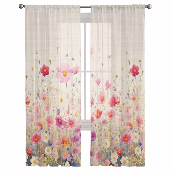 Pink Spring Floral Semi Sheer Curtains 108 Inch Length 2 Panels Set, Watercolor Summer Botanical Sheer Kitchen Curtain Privacy Voile Window Curtain for Living Room Bedroom Rod Pocket Drapes