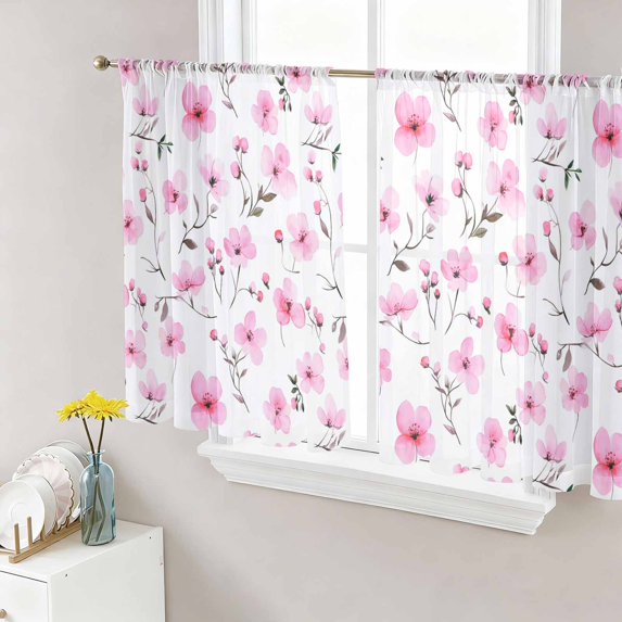 Pink Spring Floral Semi Sheer Curtains 45 Inch Length 2 Panels Set, Summer Botanical Elegant Sheer Kitchen Curtain Privacy Voile Window Curtain for Living Room Bedroom Rod Pocket Drapes