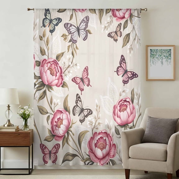 Pink Spring Floral Sheer Curtains 45 Inches Long, Farmhouse Flowers Butterflies Botanical Light Filering Curtains, Breathable Simi Curtain Privacy Drapes for Kitchen Bathroom Small Window Treatment