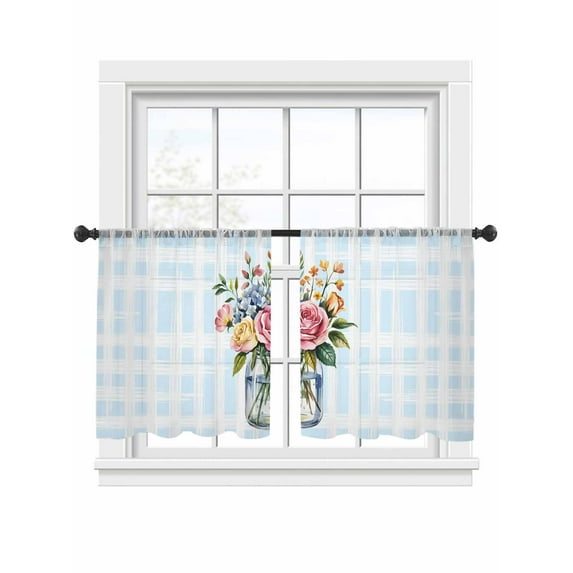 Pink Spring Floral Sheer Curtains 54 Inch Length 2 Panels Set, Semi Transparent Voile Rod Pocket Curtains for Living Dining Room Bedroom Drapes Farmhouse Blue Plaid Botanical
