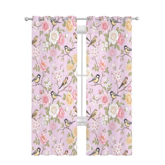 Pink Spring Floral Sheer Curtains 63 Inch Length 2 Panels Set for Living Room/Bedroom, Elegant Farmhouse Flowers Birds Watercolor Kitchen Curtains Grommet Curtains Window Treatments 42"x63"x2