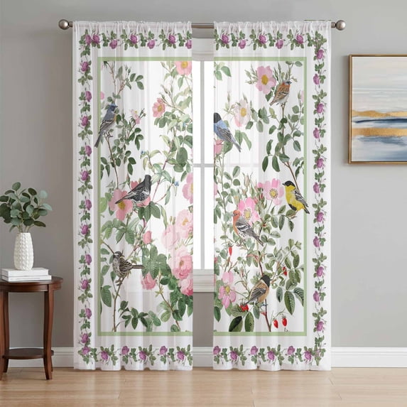 Pink Spring Floral Sheer Curtains 63 Inch Length 2 Panels Set Window Treatments, Elegant Pastoral Flowers Birds Watercolor Rod Pocket Semi Curtains for Living Room/Bedroom/Kitchen, 104"W x 63"L