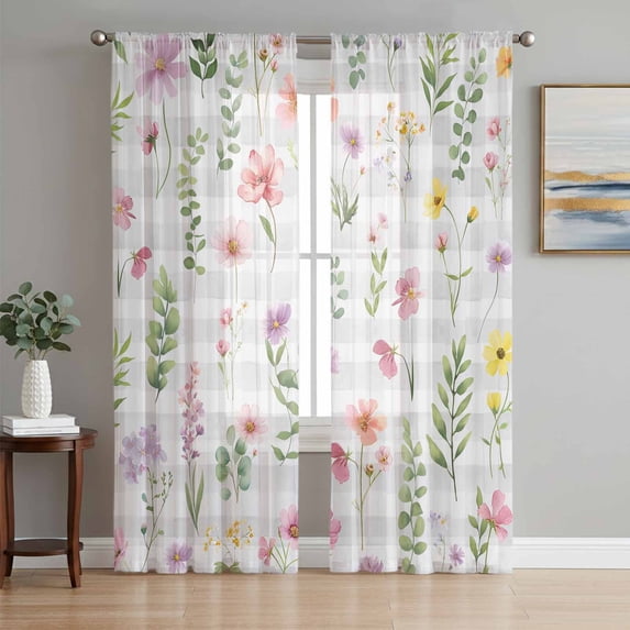 Pink Spring Floral Sheer Curtains 63 Inch Length 2 Panels Set Window Treatments, Flowers Botanical Elegant Grey Checkered Rod Pocket Semi Curtains for Living Room/Bedroom/Kitchen Décor, 104"W x 63"L