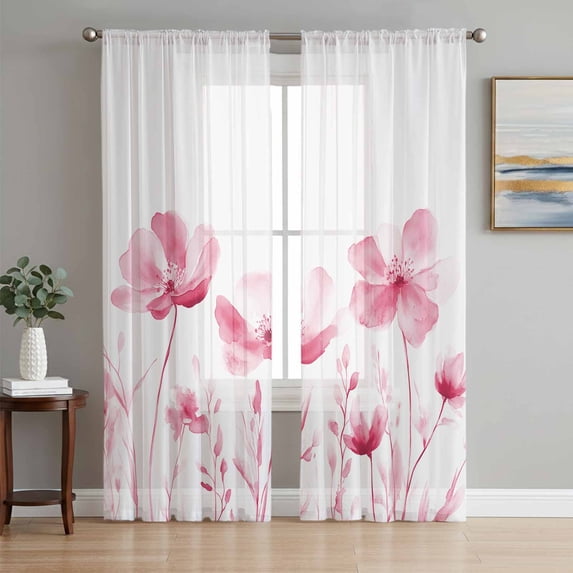 Pink Spring Floral Sheer Curtains 72 Inch Length 2 Panels Set, Watercolor Botanical Summer Flower Voile Window Treatment Rod Pocket Curtains Sheers Drapes for Bedroom/Living Room/Kitchen 52"x72"x2