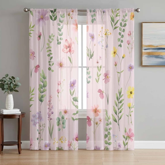 Pink Spring Floral Sheer Curtains 72 Inch Length 2 Panels Set Window Treatments, Flowers Botanical Elegant Pastoral Rod Pocket Semi Curtains for Living Room/Bedroom/Kitchen Décor, 104"W x 72"L