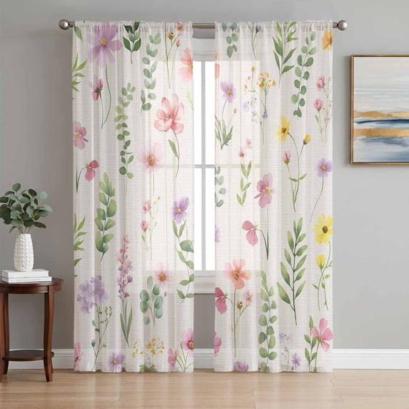 Pink Spring Floral Sheer Curtains 72 Inch Length 2 Panels Set Window Treatments, Flowers Elegant Pastoral Rustic Rod Pocket Semi Curtains for Living Room/Bedroom/Kitchen Décor, 104"W x 72"L