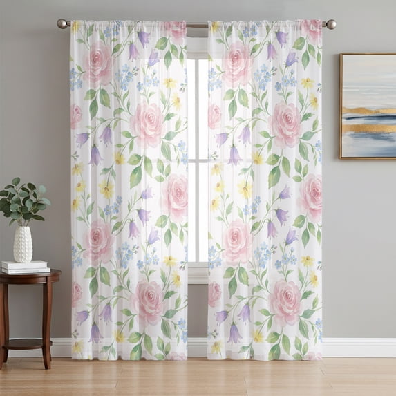 Pink Spring Floral Sheer Curtains 84 Inch Length 2 Panels Set, Elegant Watercolor Pastoral Flowers Voile Window Treatment Rod Pocket Curtains Sheers Drapes for Bedroom/Living Room/Kitchen 52"x84"x2