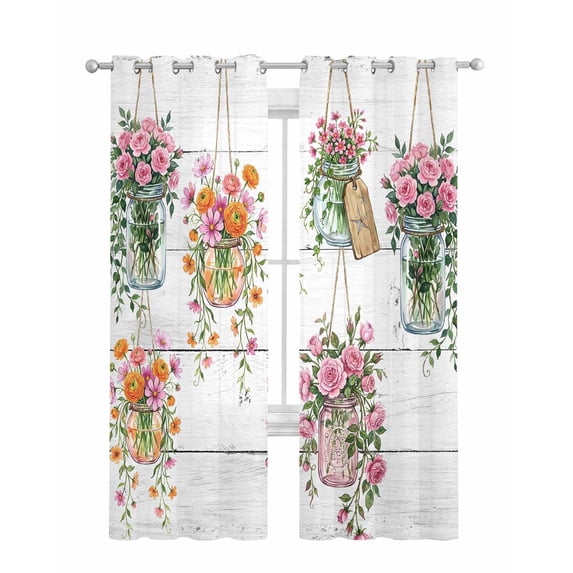 Pink Spring Floral Sheer Curtains 84 Inch Length 2 Panels Set for Living Room/Bedroom, Wooden Elegant Farmhouse Botanical Kitchen Curtains Grommet Semi-Sheer Curtains Window Treatments 42"x84"x2