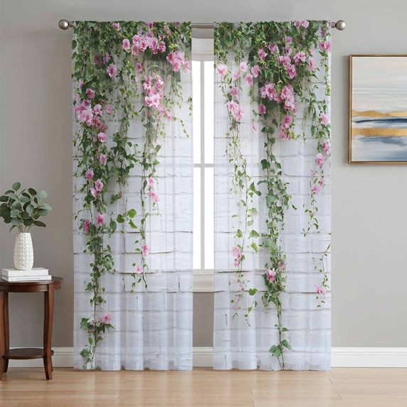 Pink Spring Floral Sheer Curtains 96 Inch Length 2 Panels Set, Green Summer Botanical Flowers Voile Window Treatment Semi Sheer Long Curtains Drapes for Bedroom/Living Room/Kitchen 52"x96"x2