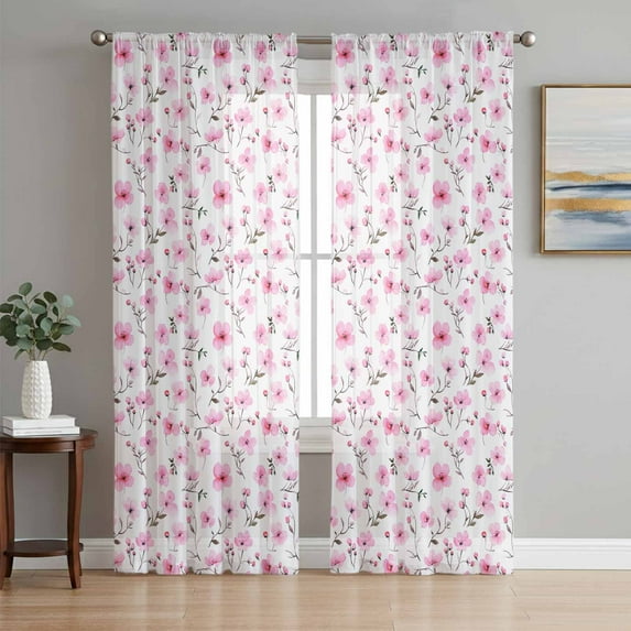 Pink Spring Floral Sheer Curtains 96 Inch Length 2 Panels Set, Summer Botanical Elegant Voile Window Treatment Semi Sheer Long Curtains Drapes for Bedroom/Living Room/Kitchen 52"x96"x2