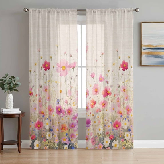 Pink Spring Floral Sheer Curtains 96 Inch Length 2 Panels Set, Watercolor Summer Botanical Voile Window Treatment Semi Sheer Long Curtains Drapes for Bedroom/Living Room/Kitchen 52"x96"x2