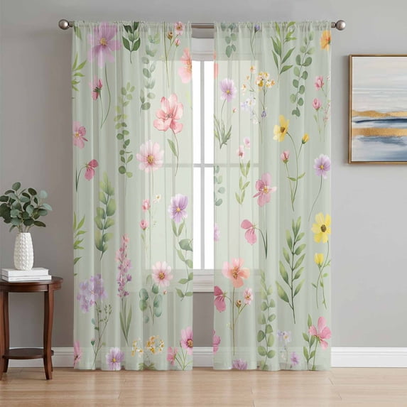Pink Spring Floral Sheer Curtains 96 Inch Length 2 Panels Set Window Treatments, Farmhouse Flowers Sage Green Leaves Rod Pocket Semi Curtains for Living Room/Bedroom/Kitchen Décor, 104"W x 96"L