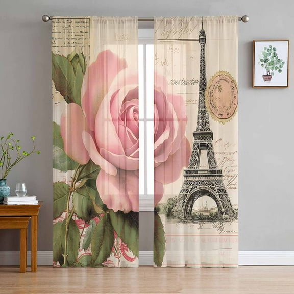 Pink Spring Floral Sheer Curtains 96 Inches Long 2 Panels Set, Window Sheer Curtains for Living Room/Bedroom, Vintage Rose Flower Retro Light Filtering Rod Pocket Curtain 52'' x 96'' x 2
