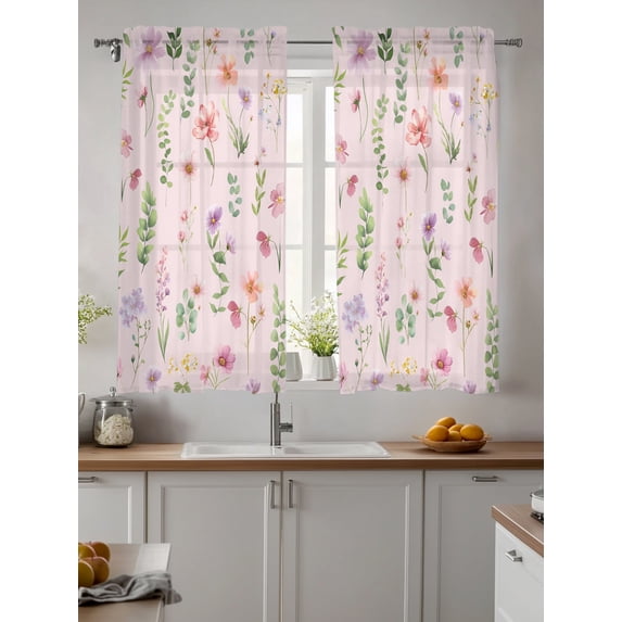 Pink Spring Floral Sheer Kitchen Tier Curtains 45 Inch length,Rod Pocket Half Curtains & Drapes,Flowers Botanical Elegant Pastoral Light Filtering Cafe Bathroom Window Treatments 2 Pcs 27.5"W x 45"L