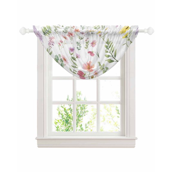 Pink Spring Floral Sheer Waterfall Valance Curtains for Window, Flowers Elegant Pastoral Leaves Rod Pocket Sheer Topper Swag Curtains for Living Room, Kitchen 38.5"W x 47.2"L, 1 Panel