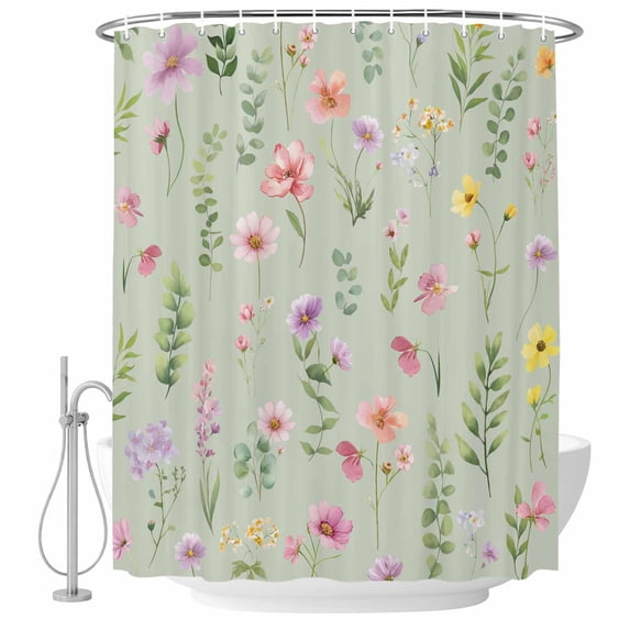 Pink Spring Floral Shower Curtain, Waterproof Shower Curtains for Bathroom, Farmhouse Flowers Sage Green Leaves Washable Fabric Bathtub Curtain Set Bath Decor with 12 Hooks Extra Long 72"x96"
