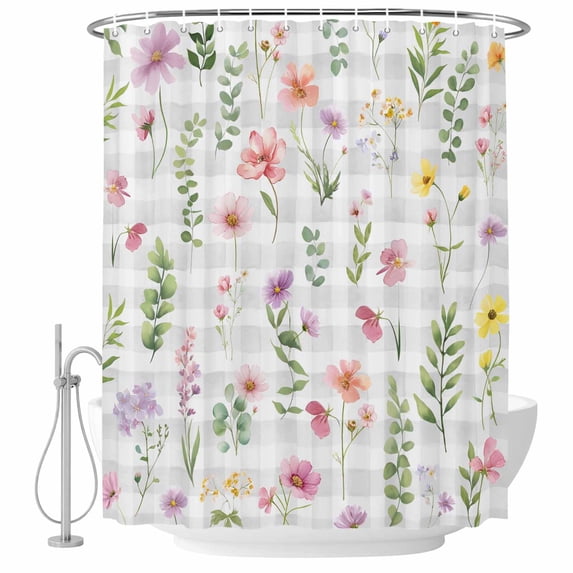 Pink Spring Floral Shower Curtain, Waterproof Shower Curtains for Bathroom, Flowers Botanical Elegant Grey Checkered Washable Fabric Bathtub Curtain Set Bath Decor with 12 Hooks 48"x72"