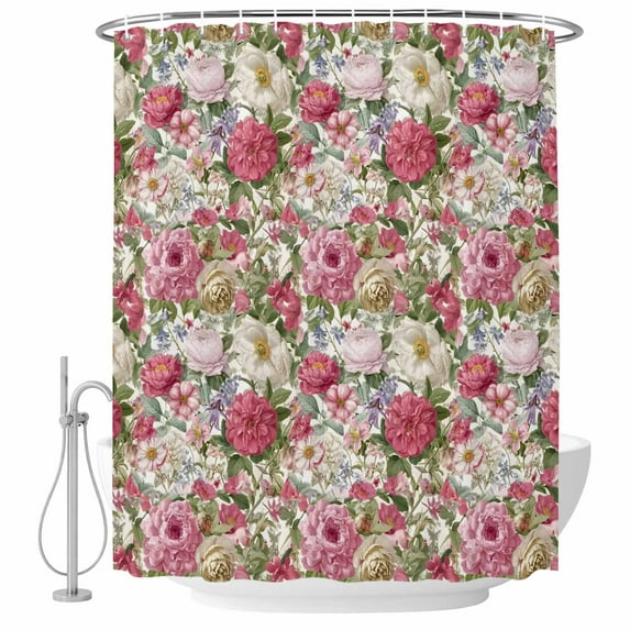 Pink Spring Floral Shower Curtain, Waterproof Shower Curtains for Bathroom, Vintage Summer Botanical Washable Fabric Bathtub Curtain Set Bath Decor with 12 Hooks Extra Long 72"x96"