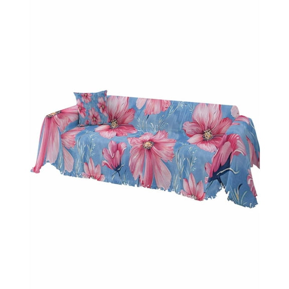Pink Spring Floral Sofa Couch Covers for 3 Cushion Couch, Washable L Shape Sectional Sofa Covers for Loverseat/Pets/Kids, Watercolor Elegant Botanical Blue Slipcover Blanket Futon Cover 71''x134''