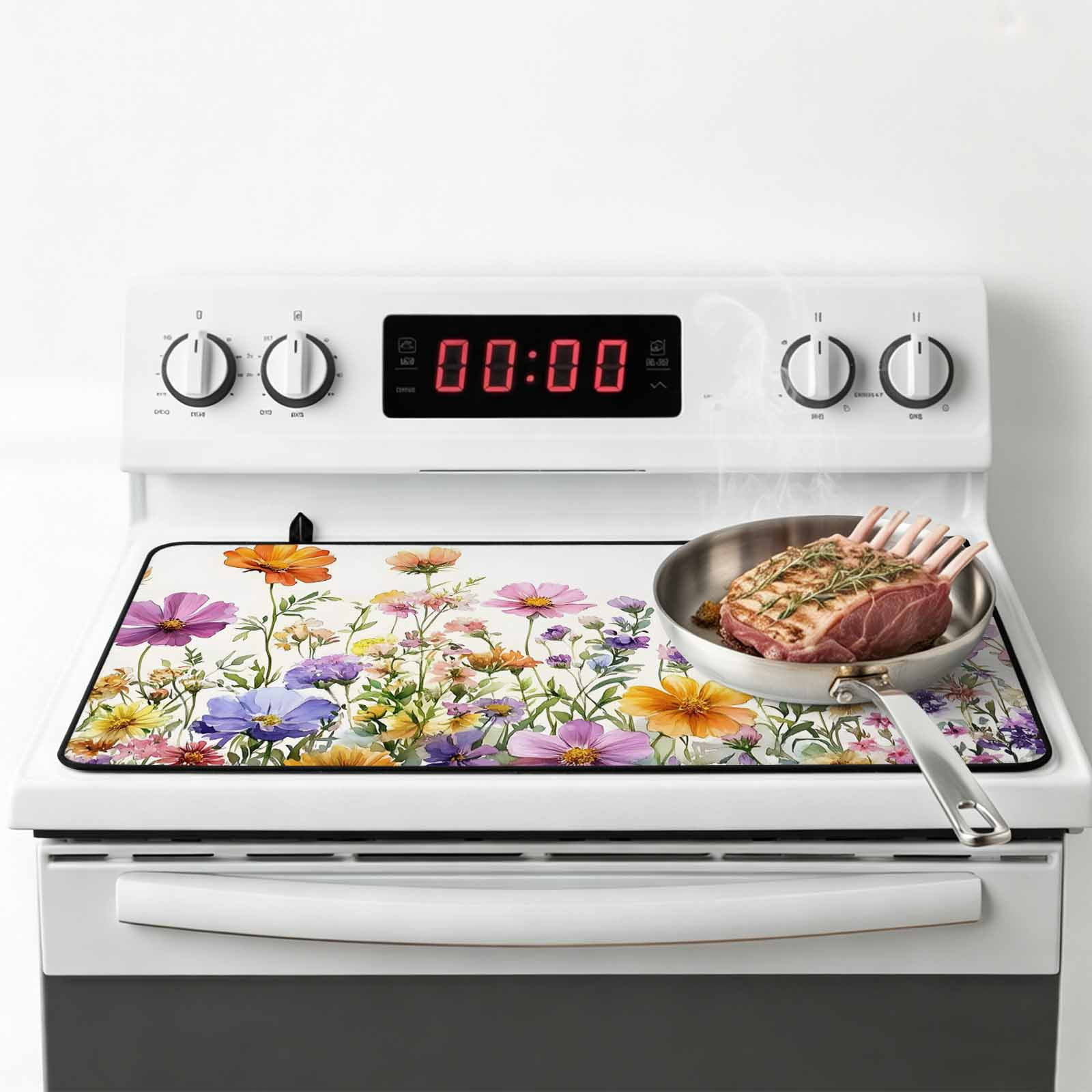 Pink Spring Floral Stove Top Cover for Electric Stove, Heat-proof & Non Slip Glass Top Stove Cover Protector, Pastoral Botanical Watercolor Flowers Kitchen Flat Cooktop Rubber Mat 24x21 Inches