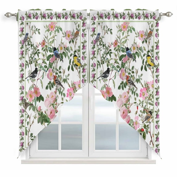 Pink Spring Floral Swag Valances for Windows 2 Pack, Kitchen Window Curtains 36 Inch Length, Elegant Pastoral Flowers Birds Watercolor Privacy Swag Curtains for Living Room/Bathroom 36"x36"