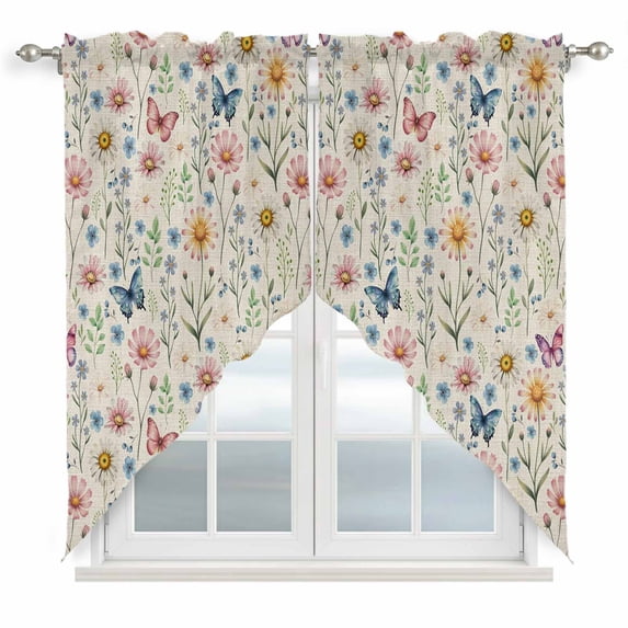 Pink Spring Floral Swag Valances for Windows 2 Pack, Kitchen Window Curtains 36 Inch Length, Elegant Pastoral Flowers Butterflies Rustic Privacy Swag Curtains for Living Room/Bathroom 36"x36"