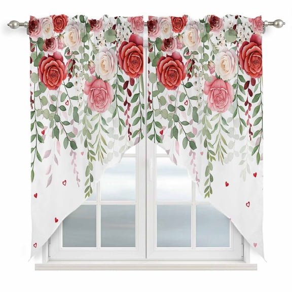 Pink Spring Floral Swag Valances for Windows 2 Pack, Kitchen Window Curtains 36 Inch Length, Weeping Romantic Flowers Pastoral Privacy Swag Curtains for Living Room/Bathroom with Rod Pocket 36"x36"