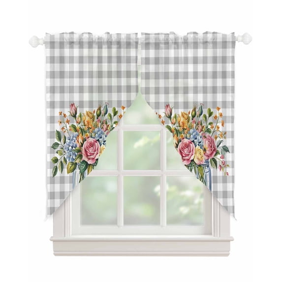 Pink Spring Floral Swag Valances for Windows, Flowers Gray Plaid Farmhouse Rod Pocket Sheer Valances for Large Windows, Swag Toppers Light Filtering for Kitchen Living Room 2 Panels 36''x63''