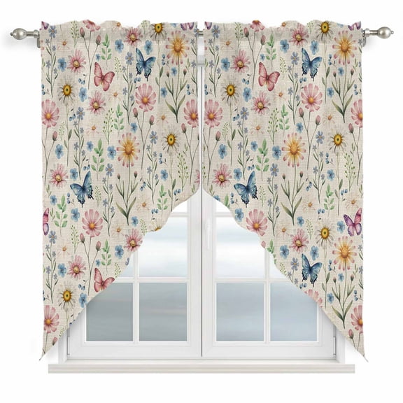 Pink Spring Floral Swag Valances for Windows, Kitchen Curtains 36 Inch Length 2 Panels Set, Elegant Pastoral Flowers Butterflies Rustic Short Curtains for Small Windows Cafe Curtains 28"x36"