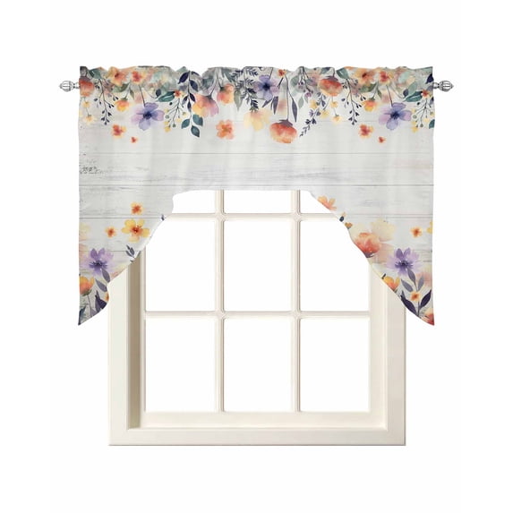 Pink Spring Floral Swag Valances for Windows, Small Curtains Drapes, Elegant Flowers Farmhouse Botanical Wooden Kitchen Window Curtains Over Sink Window Treatment Valance for Bedroom/Bathroom 56"x36"