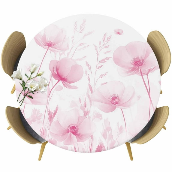 Pink Spring Floral Table Cloth, Round Fitted Tablecloths with Elastic Edge, Summer Botanical Watercolor Vintage Wipeable Waterproof Table Cover for Kitchen Wedding 36-44 Inches