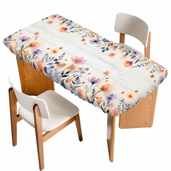 Pink Spring Floral Table Cloths for 3 Foot Rectangle Tables, Elegant Flowers Farmhouse Botanical Wooden Patio Waterproof Elastic Fitted Tablecloths, Washable Rectangular Table Cover for Camping